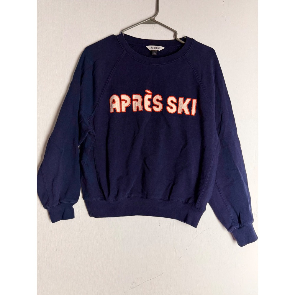 J.Crew Apres Ski Graphic Sweatshirt Navy Blue Raglan Pullover Small Winter Lodge